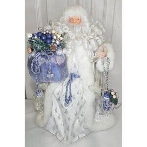 Porcelain Santa Claus Tree Topper 16" Silver Blue White Fur Christmas Figurine
